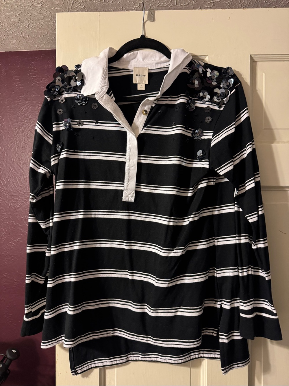 Maeve Black and White Striped Hooded Sequin Polo